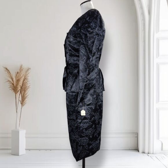 Vintage 80s Peplum Satin Midi Skirt Set Size 6 Black Floral Rose Print Goth - Picture 9 of 16